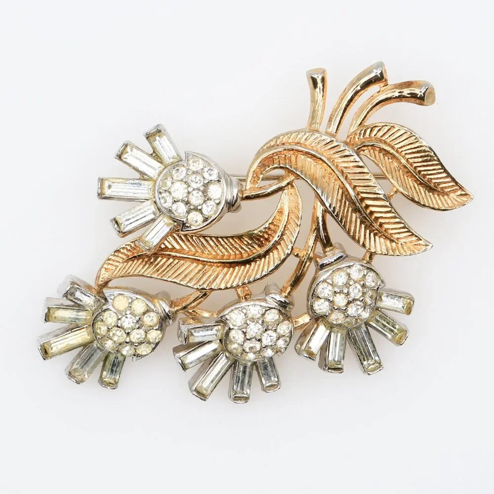 Vintage Alfred Philippe Trifari Radiance Rhinestone Thistle Flower Brooches 1950